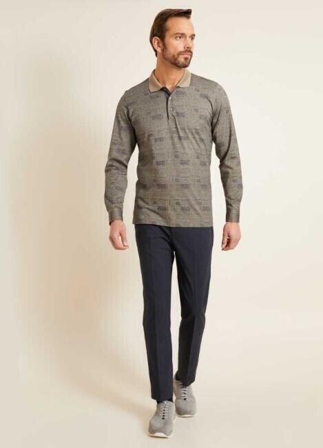 Regular Fit Desenli Polo Yaka Bej Erkek Sweatshirt