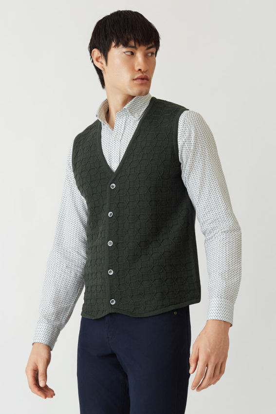 Regular Fit Desenli Haki Erkek Triko Yelek - 4
