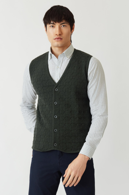 Regular Fit Desenli Haki Erkek Triko Yelek - 5