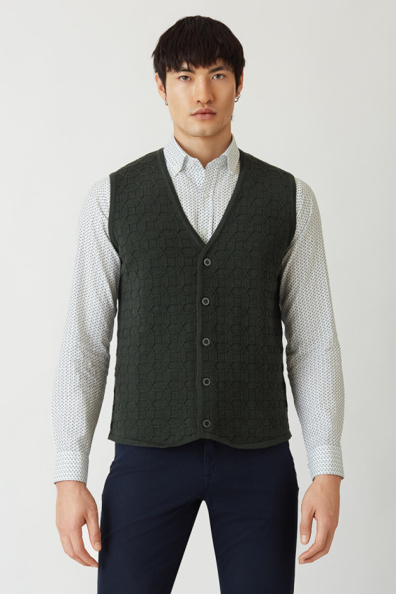 Regular Fit Desenli Haki Erkek Triko Yelek - 1