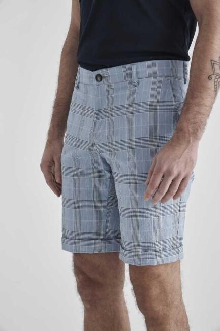 Regular Fit Mavi Ekoseli Bermuda Erkek Şort - 6