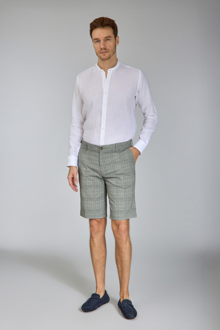 Regular Fit Haki Ekoseli Bermuda Erkek Şort - Bisse