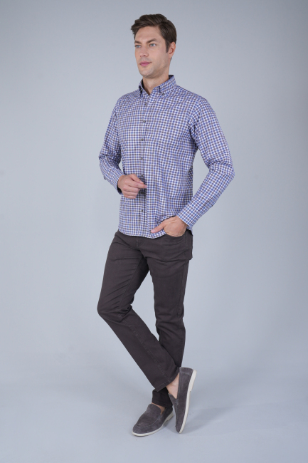 Erkek Regular Fit Küçük Kareli Spor Uzun Kollu Gömlek - 5