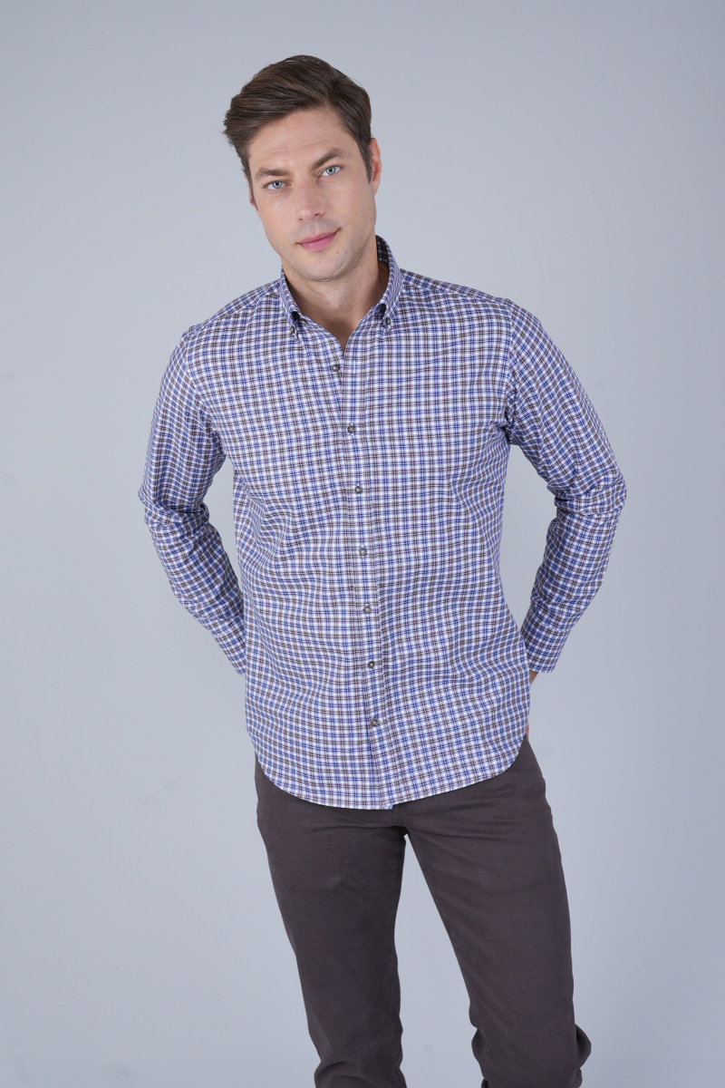 Erkek Regular Fit Küçük Kareli Spor Uzun Kollu Gömlek - 1