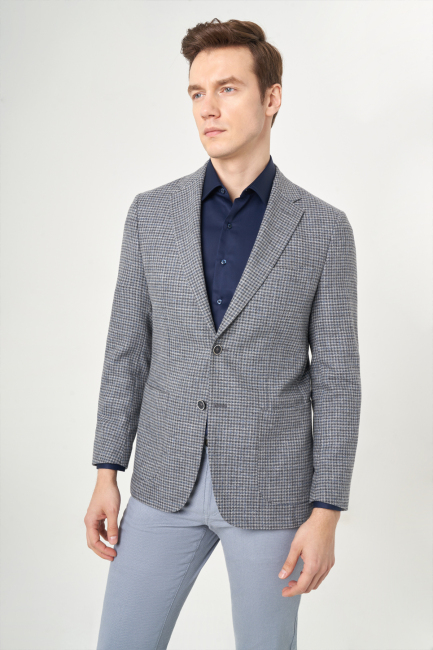 Erkek Regular Fit Mono Yaka 2 Düğmeli Çift Yırtmaçlı Ceket Gri - 1