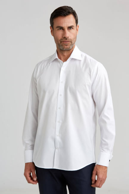 Erkek Regular Fit Pamuk Klasik Yaka Cepsiz Beyaz Gömlek - 1