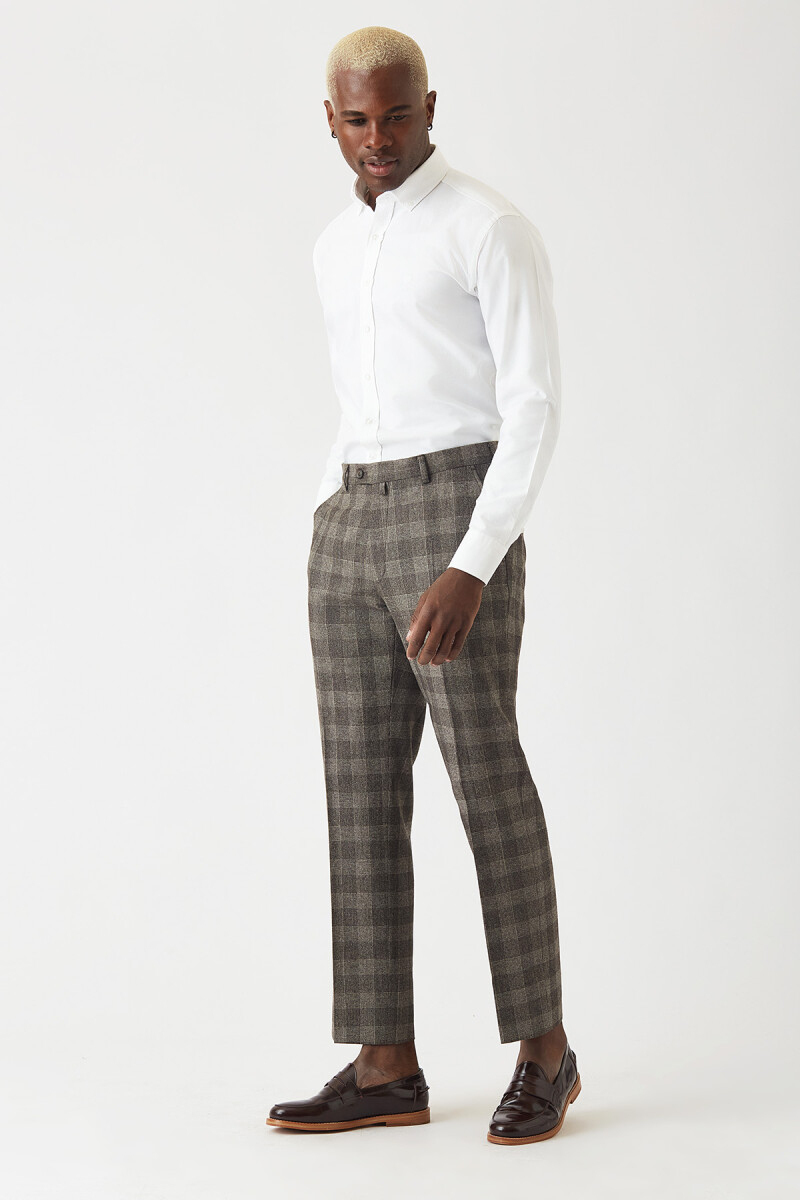 Regular Fit Platinium Ekoseli Bej Klasik Erkek Pantolon