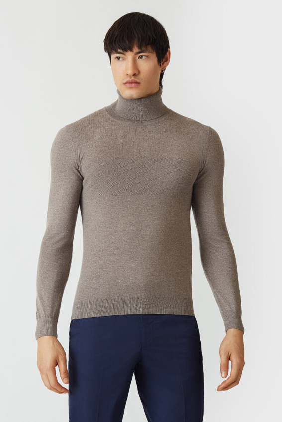 Regular Fit Tam Balıkçı Yaka Vizon Erkek Triko - 1