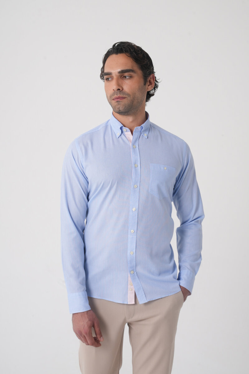 Erkek Regular Fit Uzun Kol  Açık Mavi Gömlek (1)