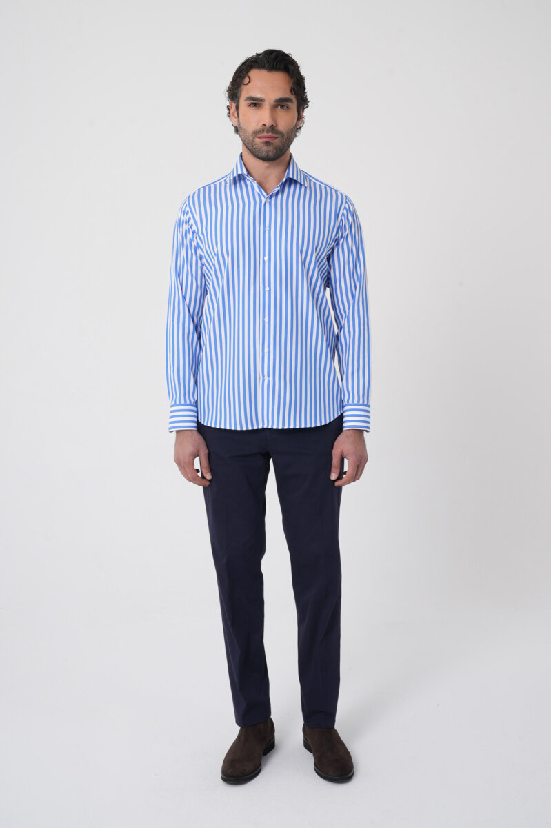 Erkek Regular Fit Uzun Kol İtalyan Yaka Pamuk Mavi Gömlek - 3