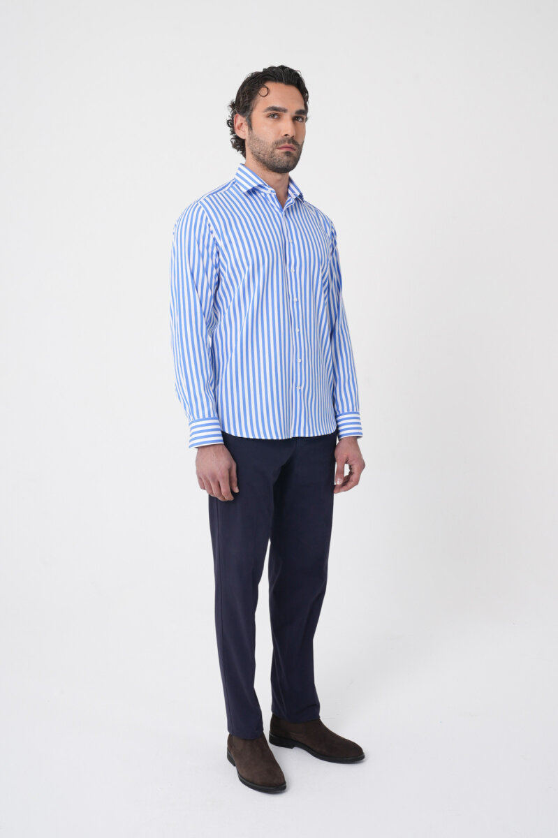 Erkek Regular Fit Uzun Kol İtalyan Yaka Pamuk Mavi Gömlek - 4