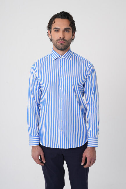 Erkek Regular Fit Uzun Kol İtalyan Yaka Pamuk Mavi Gömlek