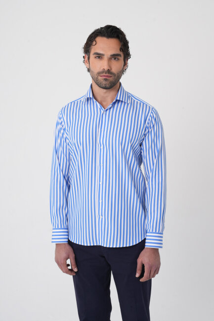 Erkek Regular Fit Uzun Kol İtalyan Yaka Pamuk Mavi Gömlek (1)