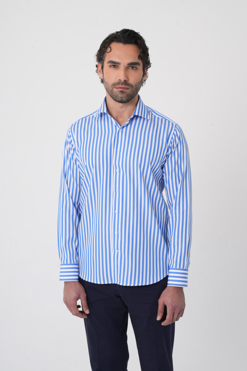 Erkek Regular Fit Uzun Kol İtalyan Yaka Pamuk Mavi Gömlek (1)