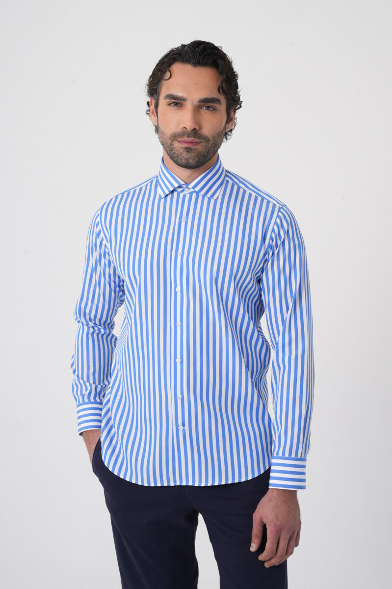 Erkek Regular Fit Uzun Kol İtalyan Yaka Pamuk Mavi Gömlek - 6