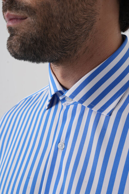 Erkek Regular Fit Uzun Kol İtalyan Yaka Pamuk Mavi Gömlek - 8