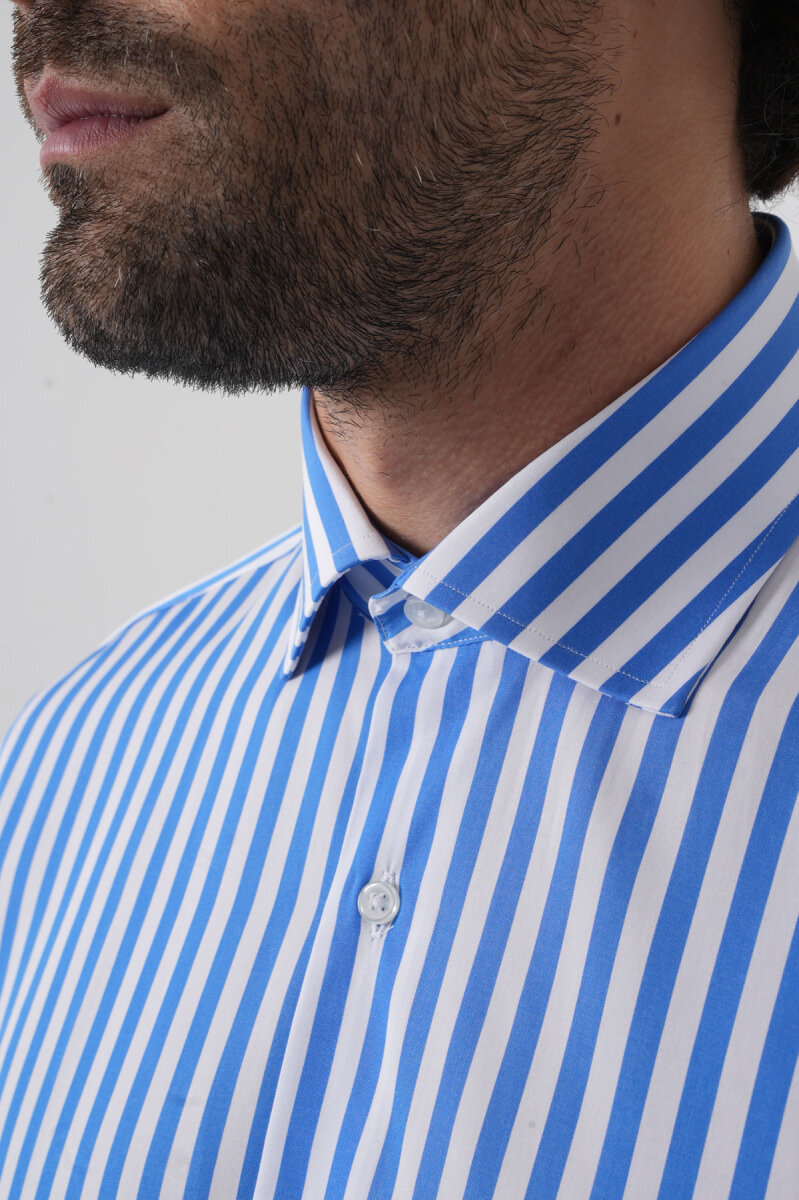 Erkek Regular Fit Uzun Kol İtalyan Yaka Pamuk Mavi Gömlek - 8