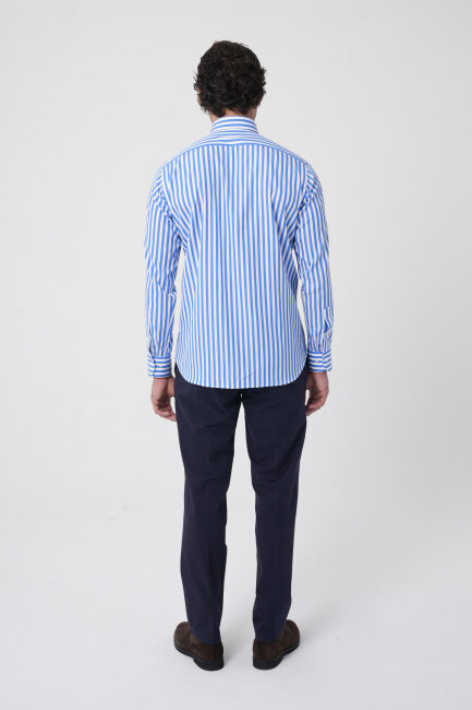 Erkek Regular Fit Uzun Kol İtalyan Yaka Pamuk Mavi Gömlek - 7