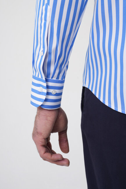 Erkek Regular Fit Uzun Kol İtalyan Yaka Pamuk Mavi Gömlek - 9