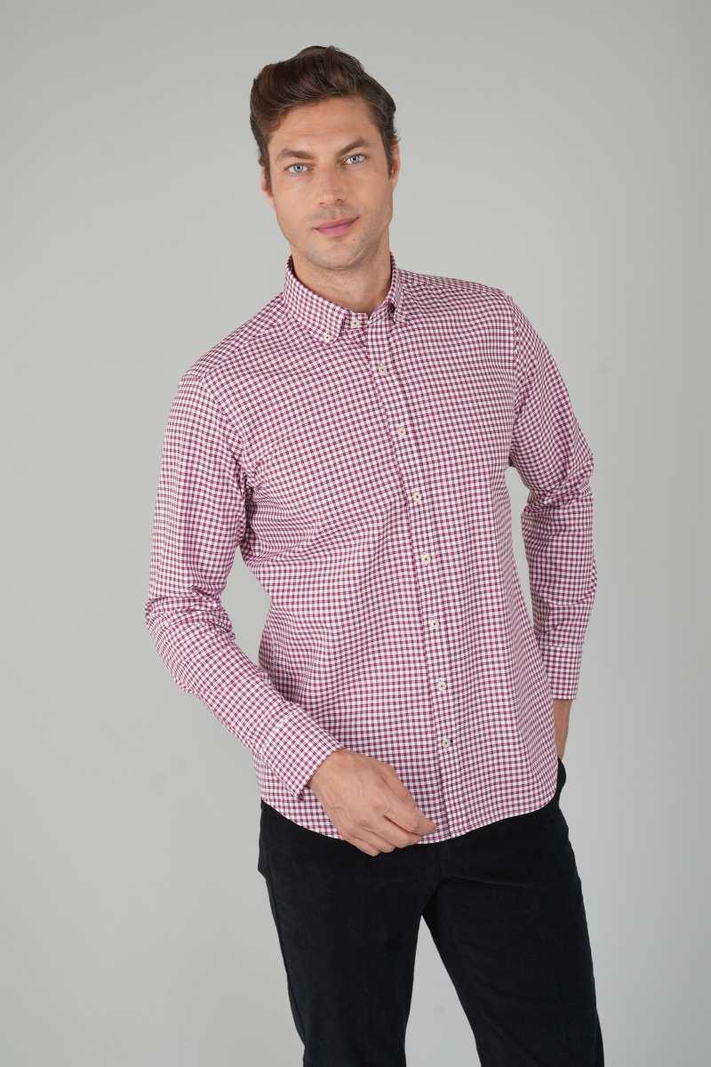Erkek Regular Fit Uzun Kol Paşa Yaka Erkek Regular Pamuk Kırmızı Gömlek