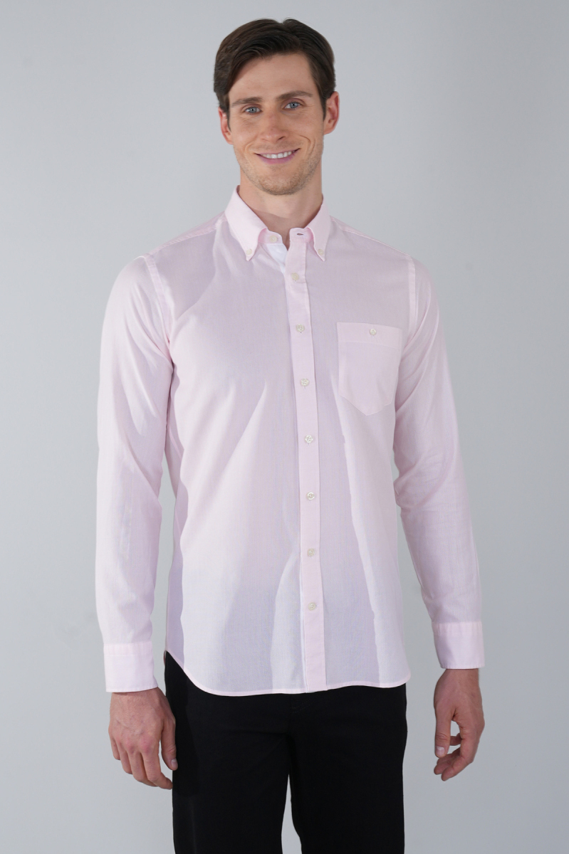 Erkek Regular Fit Uzun Kol Pembe Gömlek - 1