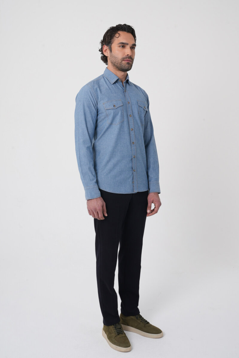 Erkek Regular Fit Uzun Kollu Denim Casual Gömlek - 4