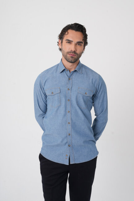 Erkek Regular Fit Uzun Kollu Denim Casual Gömlek (1)
