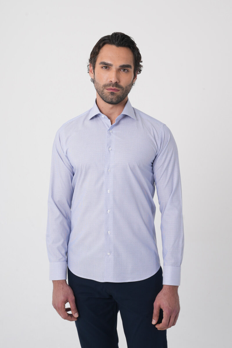 Erkek Regular Fit Uzun Kollu İtalyan Yaka Mavi Gömlek (1)