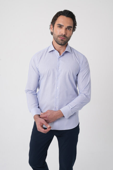 Erkek Regular Fit Uzun Kollu İtalyan Yaka Mavi Gömlek - 5