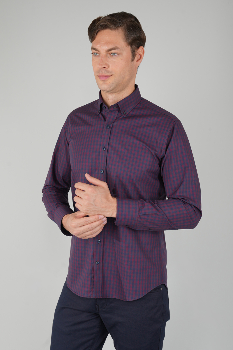 Erkek Regular Fit Uzun Kollu Kareli Gömlek Bordo Lacivert - 1