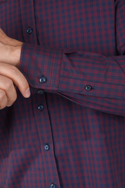 Erkek Regular Fit Uzun Kollu Kareli Gömlek Bordo Lacivert - 4