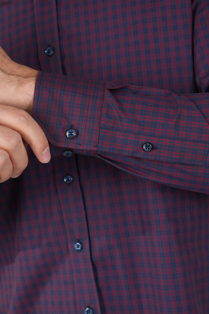 Erkek Regular Fit Uzun Kollu Kareli Gömlek Bordo Lacivert - 4