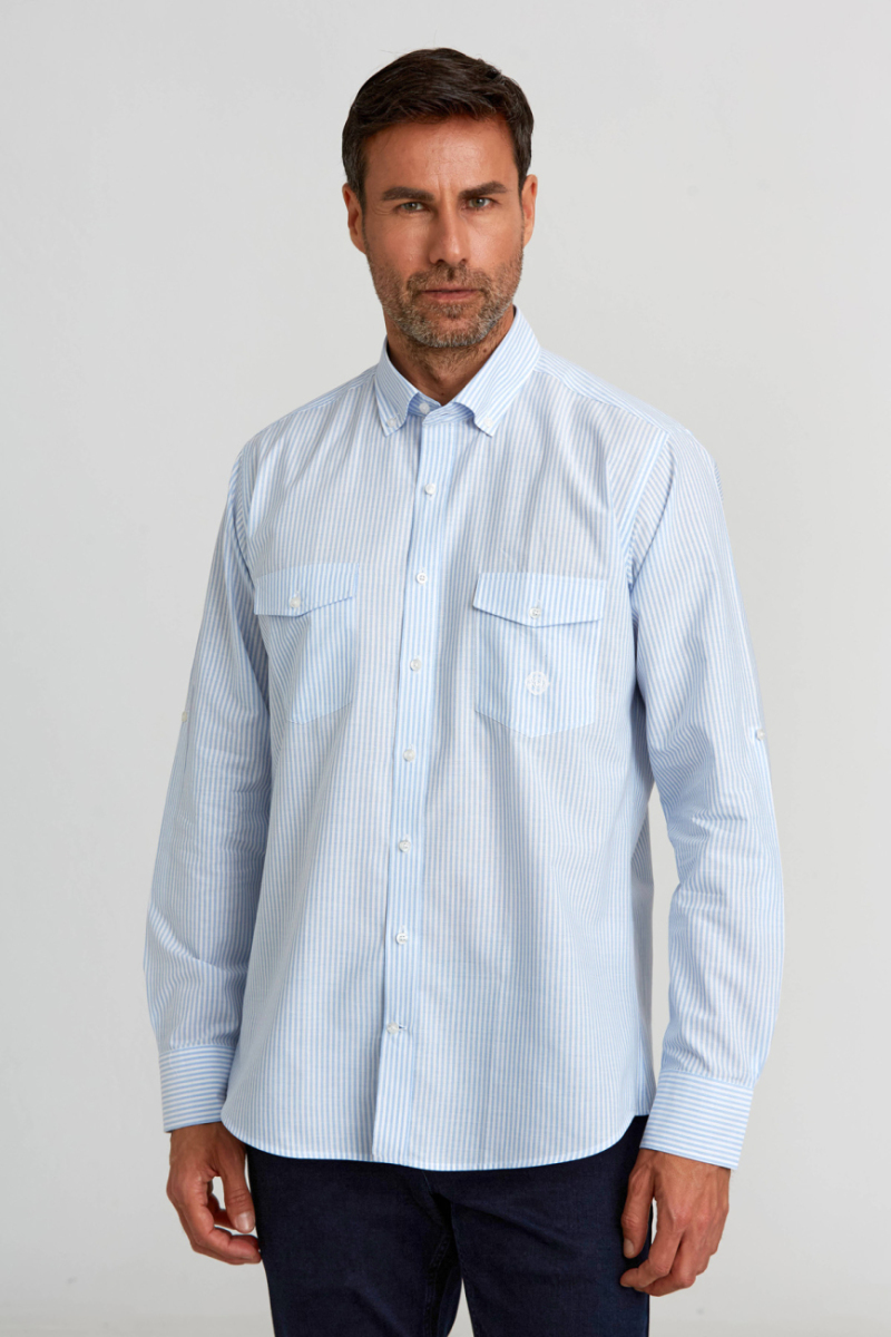 Regular Fit Paşa Yaka Kol İçi Apoletli Mavi Basic Erkek Gömlek - 5