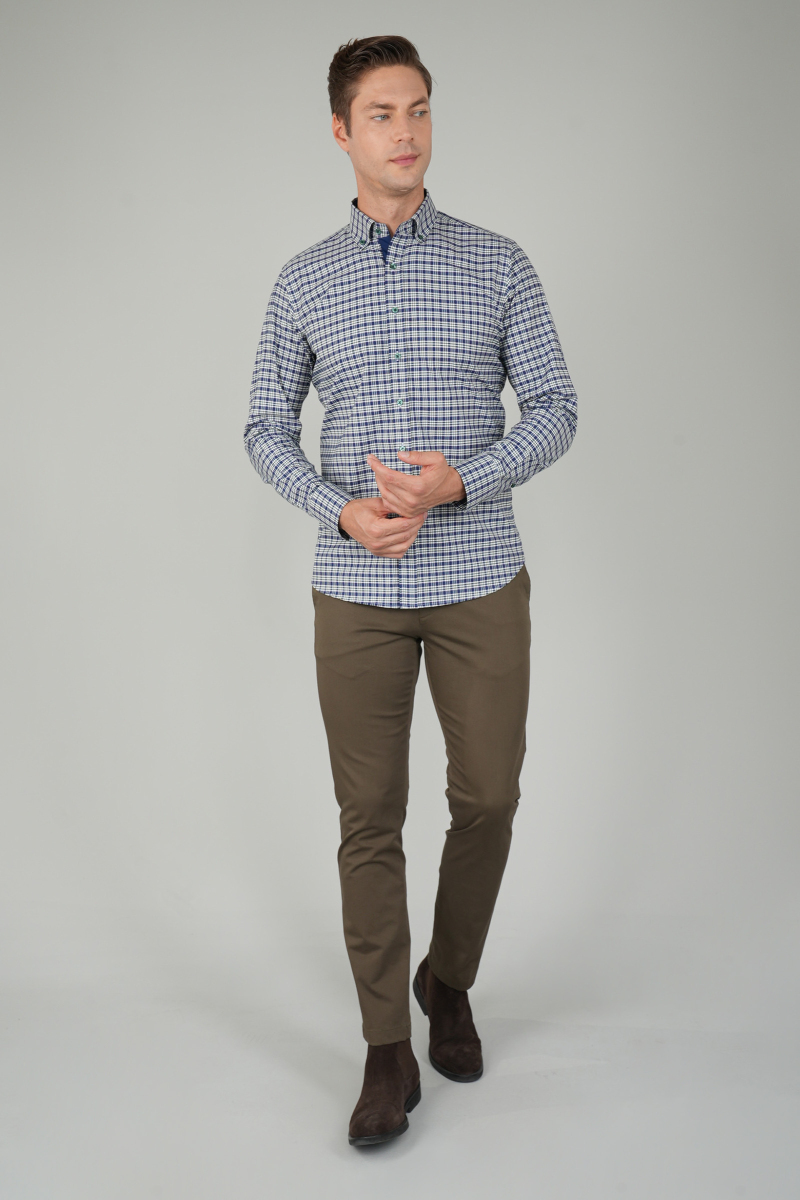 Erkek Regular Fit Uzun Kollu Yeşil Kareli Gömlek - 5