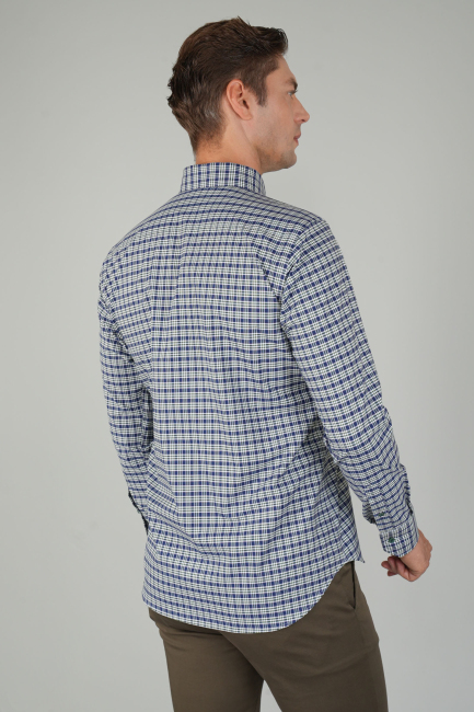 Erkek Regular Fit Uzun Kollu Yeşil Kareli Gömlek - 2