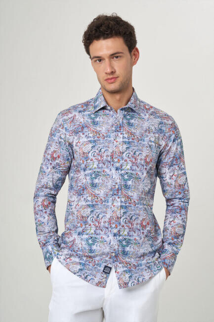 Erkek Renkli Desenli Slim Fit Pamuk Spor Gömlek