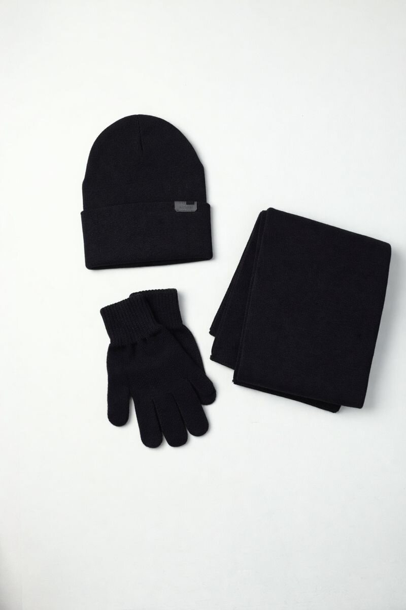 Erkek Siyah Akrilik Atkı Bere Seti