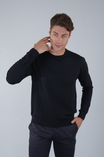 Erkek Siyah Bisiklet Yaka Yün Triko - 3