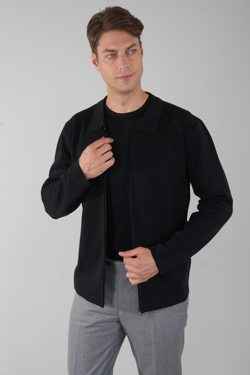 Erkek Siyah Yün Akrilik Hırka - 4