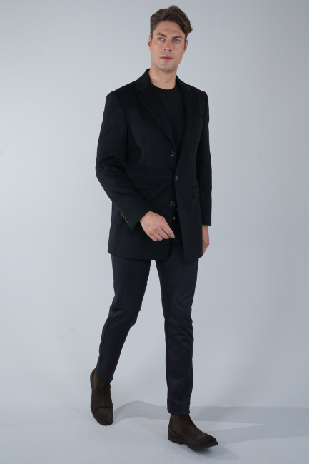 Erkek Siyah Yün Kaşmir Palto - 5