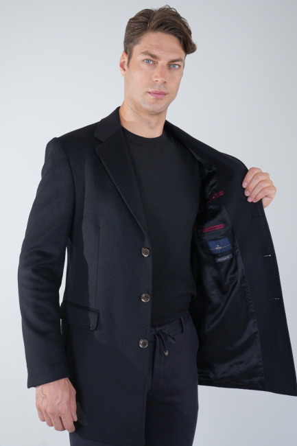 Erkek Siyah Yün Kaşmir Palto - 4