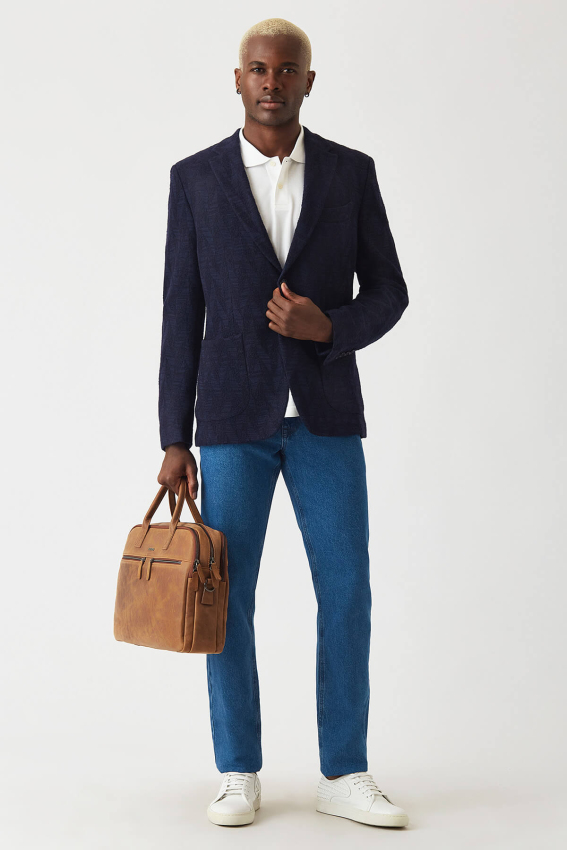 Erkek Slim Fit 6 Drop Desenli Blazer Ceket Koyu-Lacivert - 4