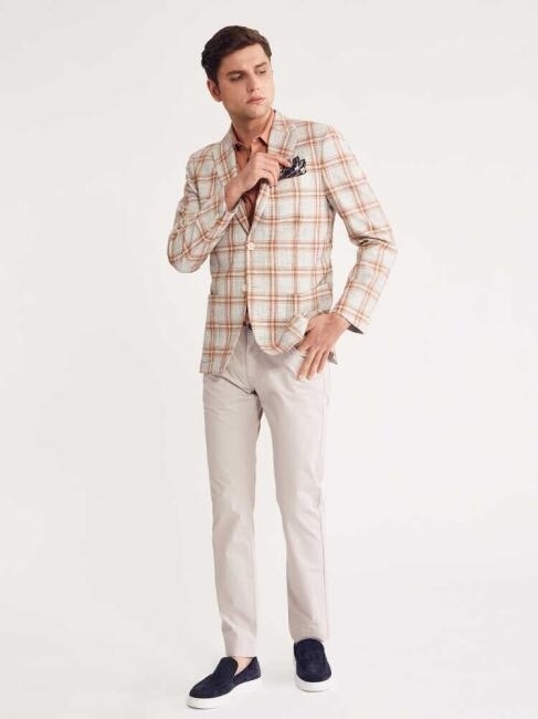 Erkek Slim Fit Ekoseli Ceket Bej - 5