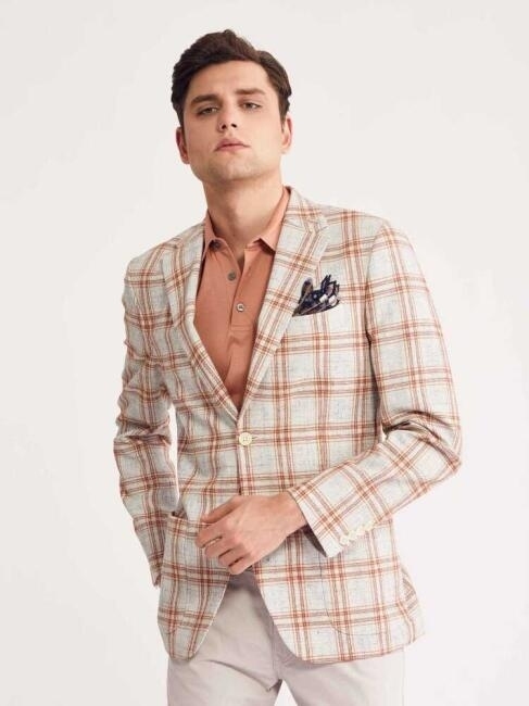 Erkek Slim Fit Ekoseli Ceket Bej - 1