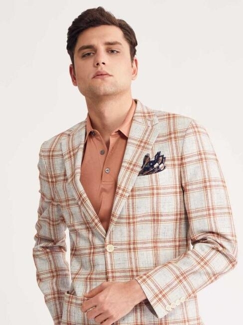 Erkek Slim Fit Ekoseli Ceket Bej - 6