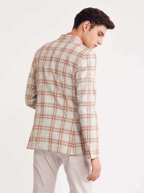 Erkek Slim Fit Ekoseli Ceket Bej - 2