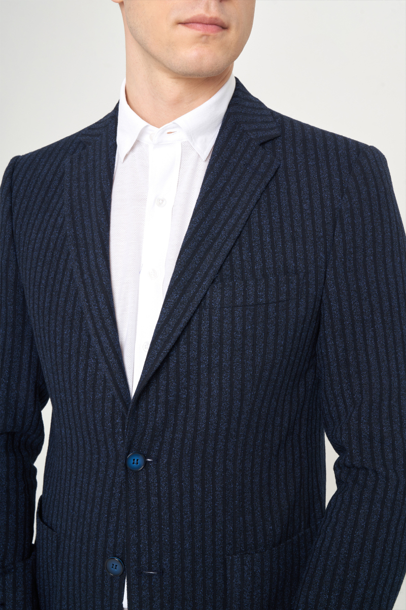 Erkek Slim Fit Mono Yaka 2 Düğmeli Çift Yırtmaçlı Ceket Lacivert - 3