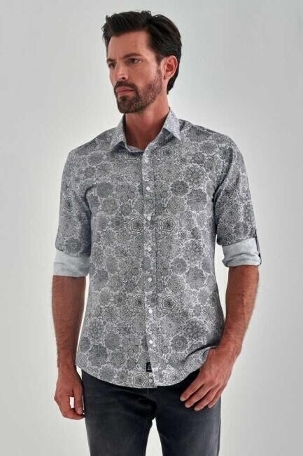 Slim Fit Gri Desenli Spor Erkek Gömlek