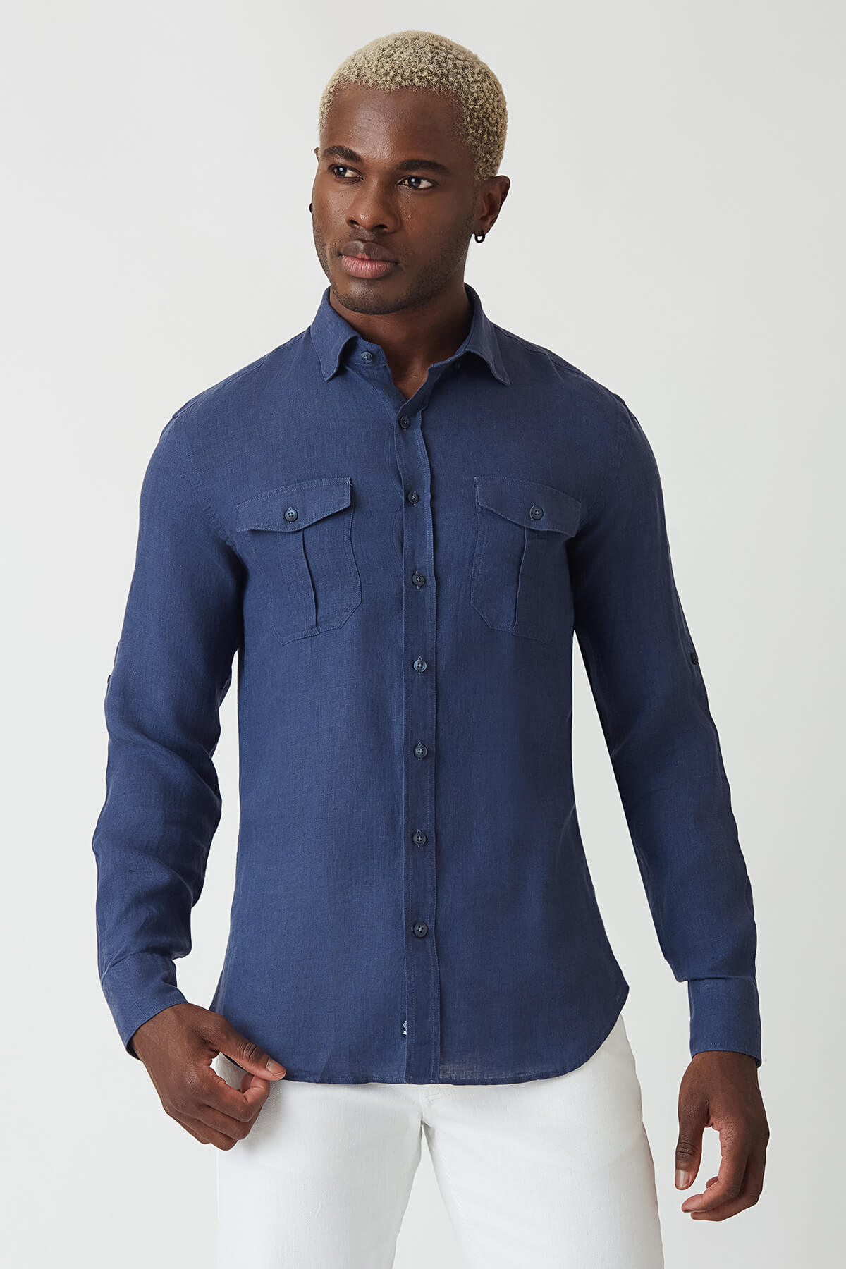 Slim Fit Lacivert Keten Erkek Gömlek