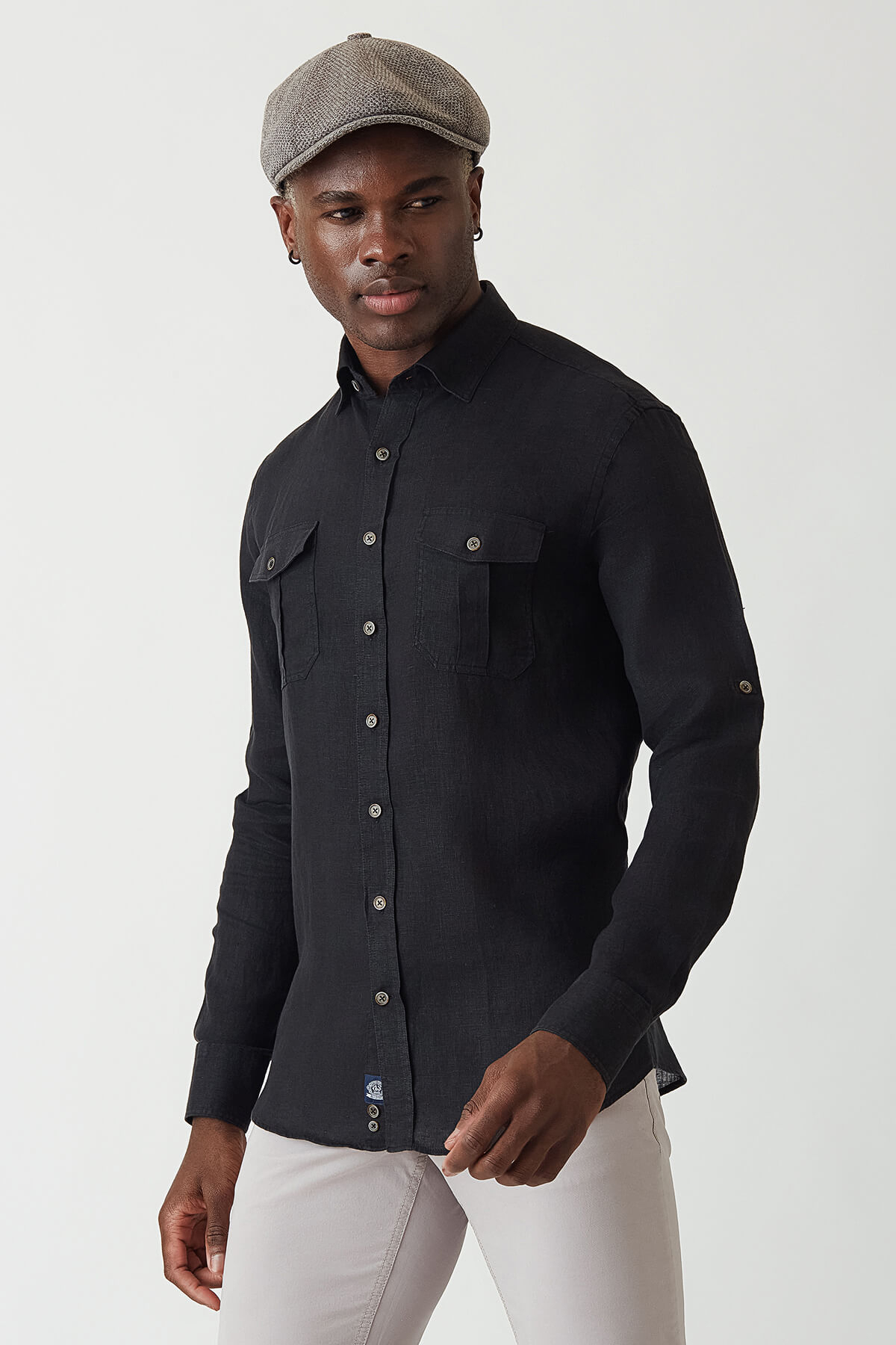 Slim Fit Sıyah Keten Erkek Gömlek